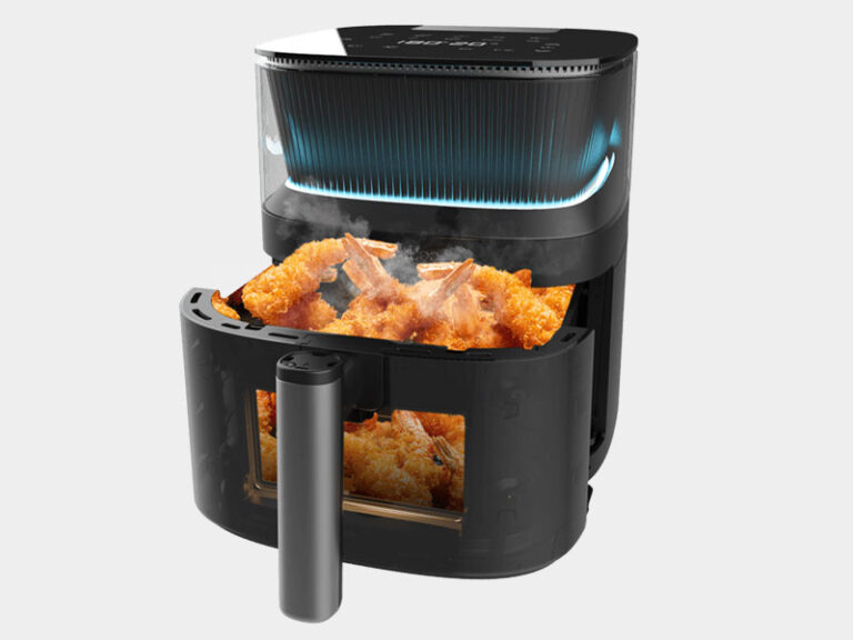 a black and silver deep fryer with a handle and a glass door
